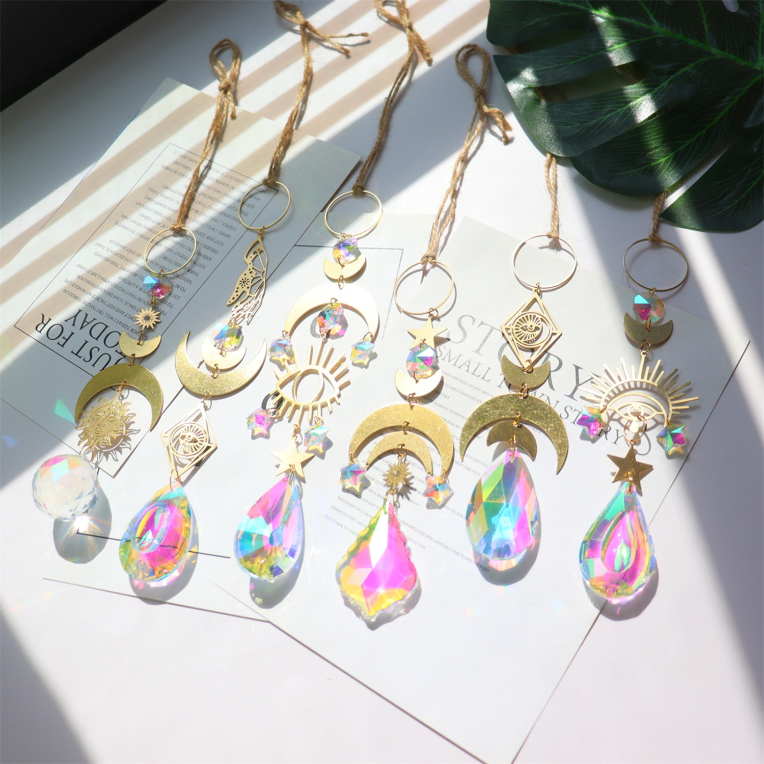 Sun Catcher Handmade Shiny Faux Crystal Star Moon Pendant Light Catcher Hanging Decor for Patio