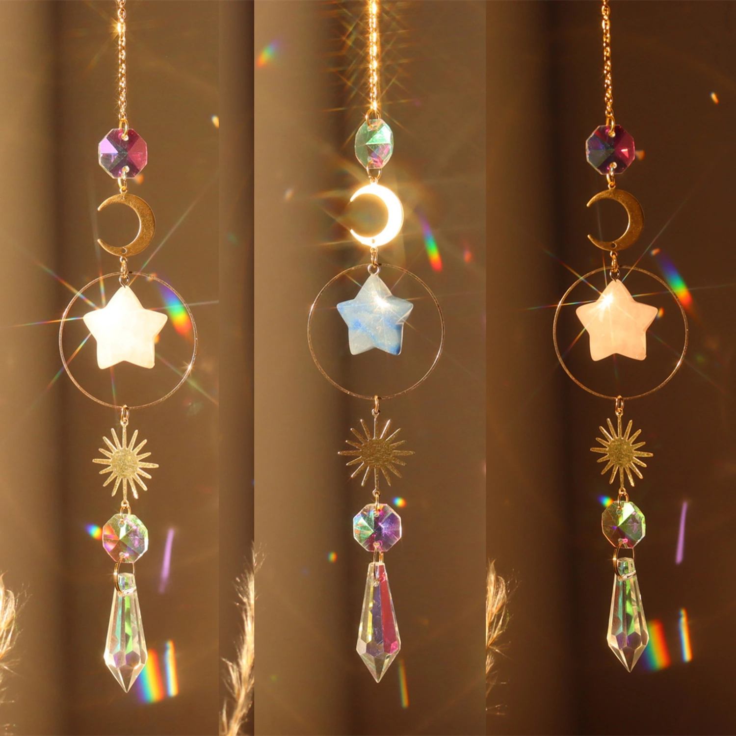 Hanging Sun Catcher Shiny Rainbow Maker Agate Moon Star Prisms Suncatcher Pendant Garden Decoration