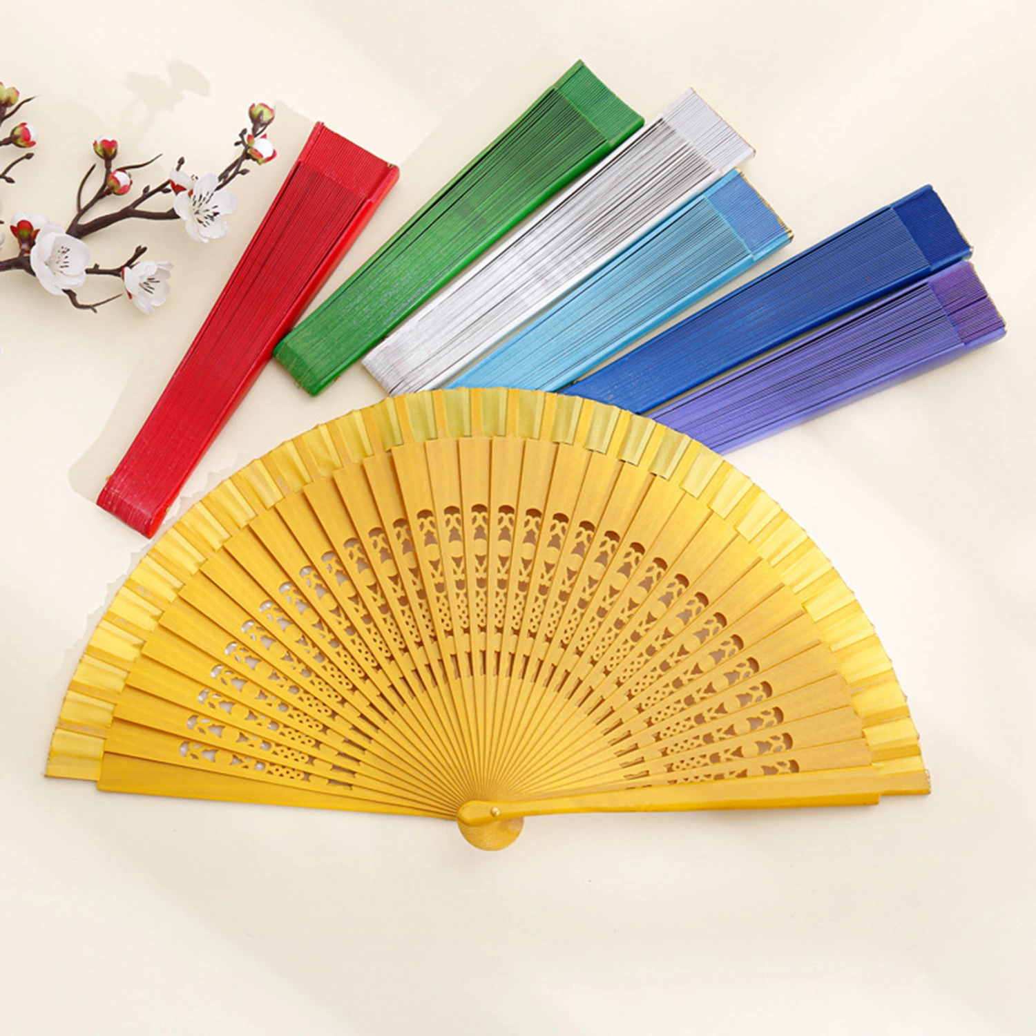 Folding Fan Traditional Chinese Style Solid Wood Pure Color Carved Ribs Portable Gift Stage Performance Dancing Fan Party Supplies