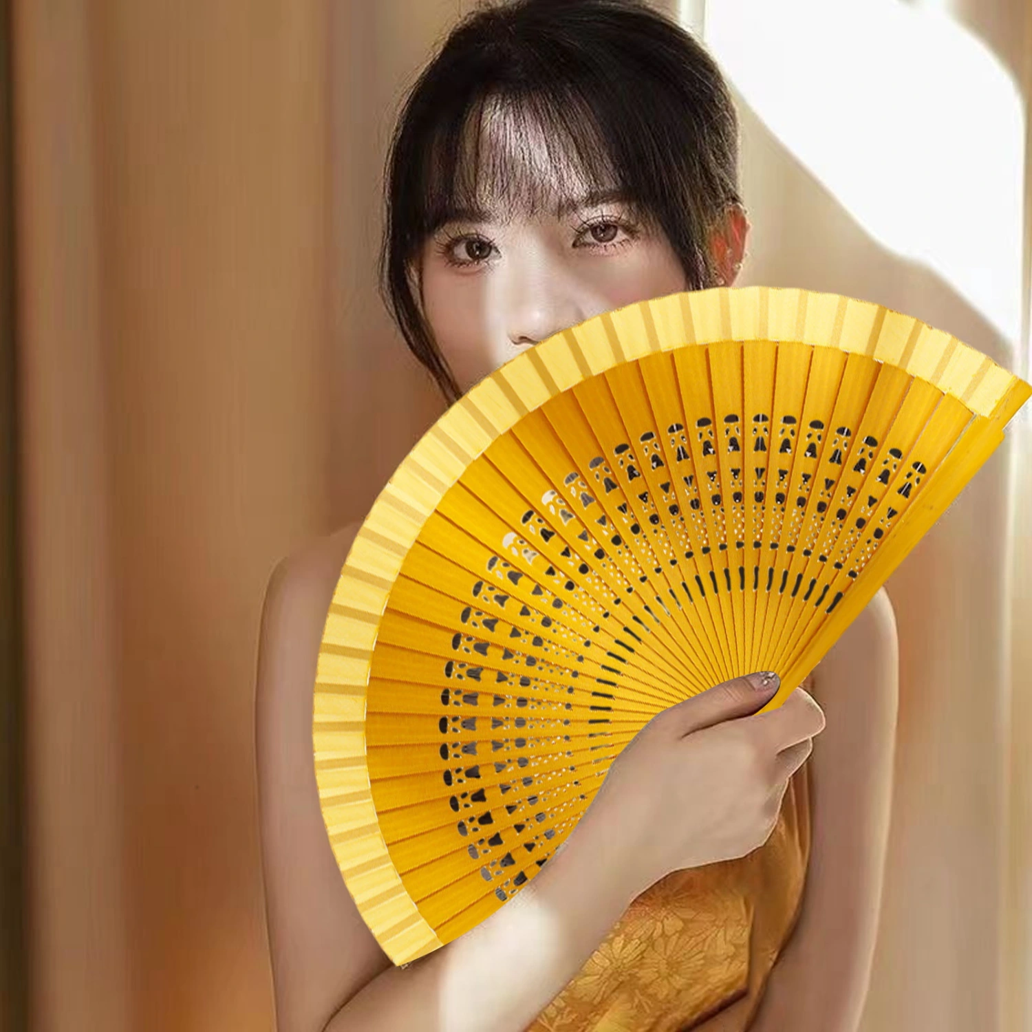 Folding Fan Traditional Chinese Style Solid Wood Pure Color Carved Ribs Portable Gift Stage Performance Dancing Fan Party Supplies