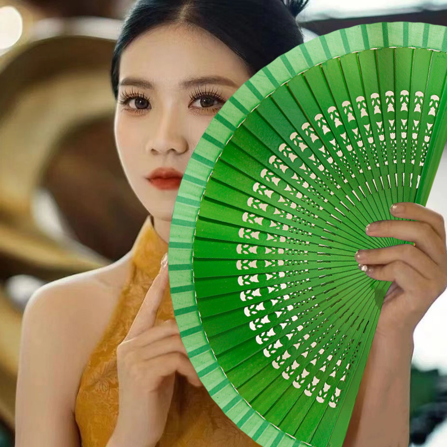 Folding Fan Traditional Chinese Style Solid Wood Pure Color Carved Ribs Portable Gift Stage Performance Dancing Fan Party Supplies
