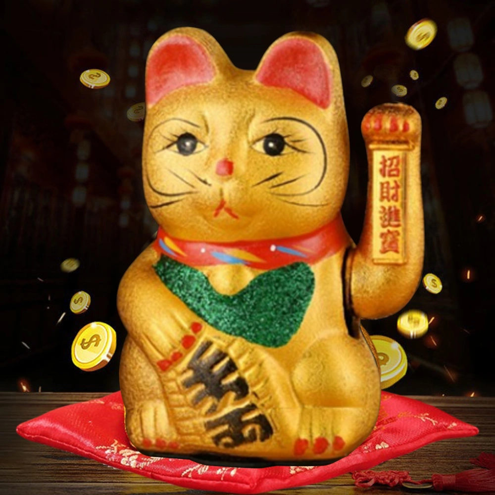 7 Inches Lucky Cat Ornament with Blessing Words Shaking Hands Design Ceramic Chinese Style Lucky Cat Sculpture Opening Ceremony Gift Home Decor