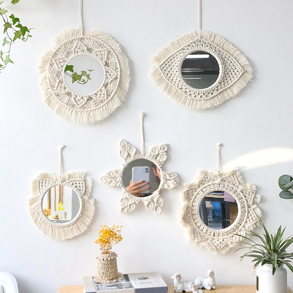 Wall Mirror Round Aesthetic with Tassels Home Decoration Woven Cotton INS Boho Macrame Wall Art Mirror Photography Props