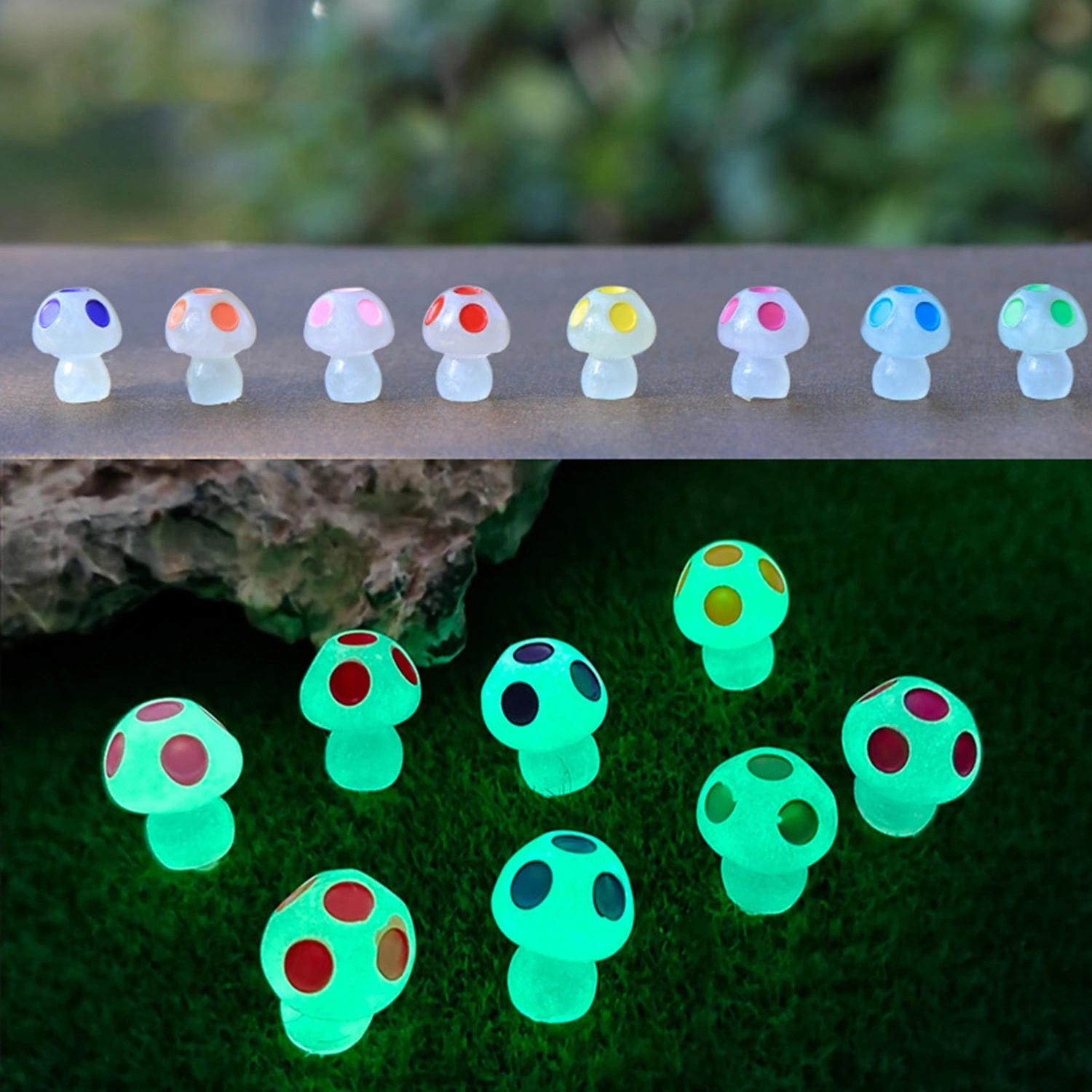 10Pcs Miniature Sculpture Glow in The Dark Resin 5 Dots Luminous Mushroom Statue Desktop Ornament Home Decor
