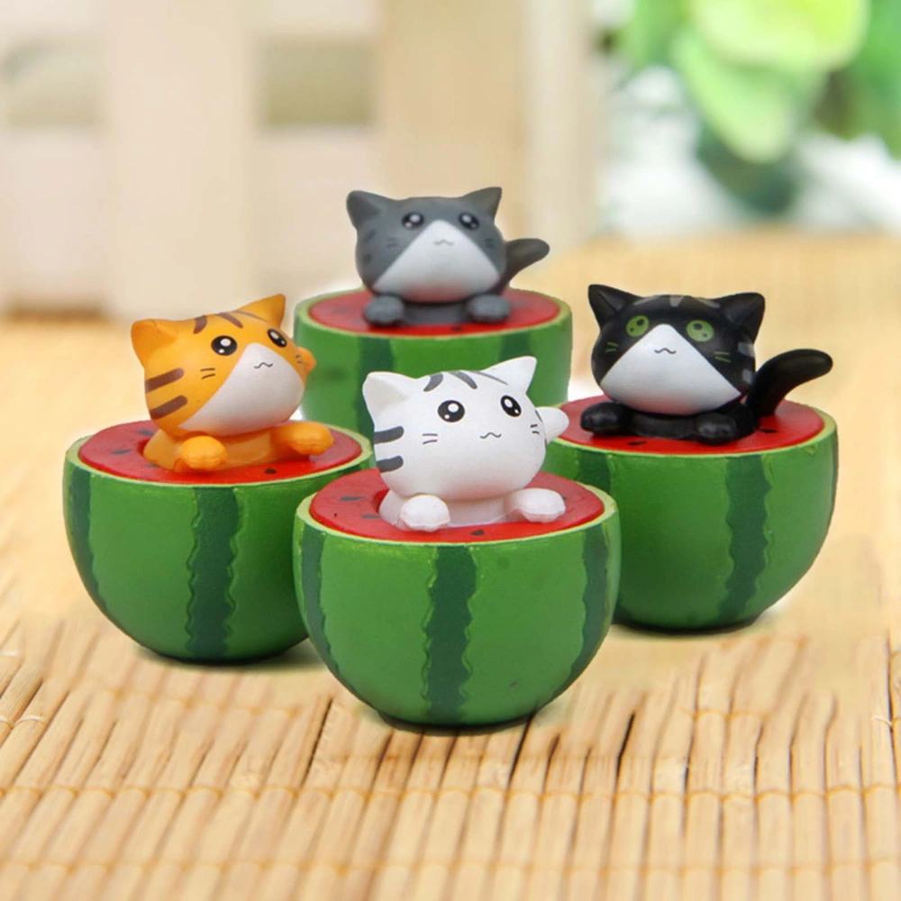 4Pcs/Set Vivid Appearance DIY Handicraft Cartoon Statue Cute Animal Cat Sitting on Watermelon Miniature Figurine Home Decor