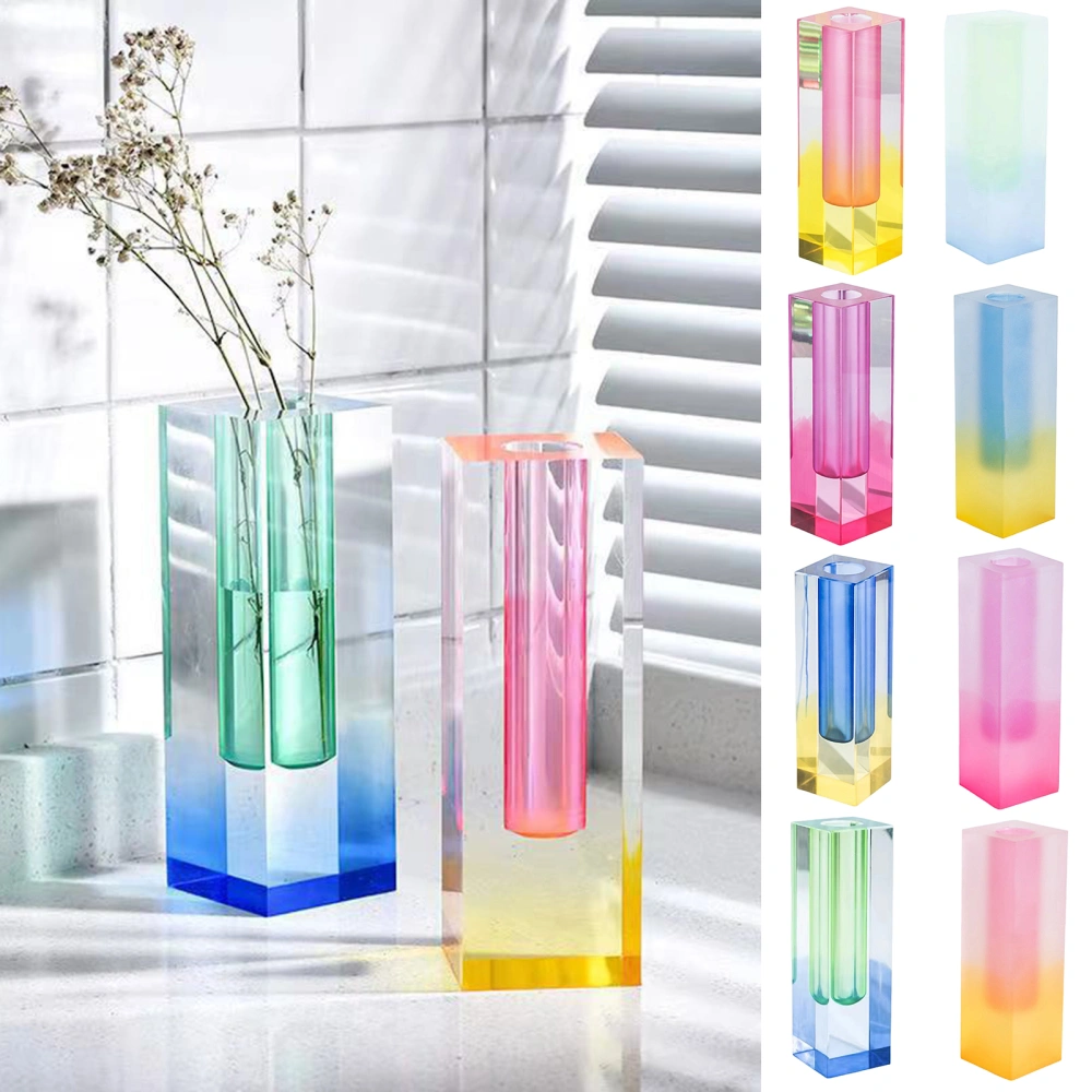 Cuboid Vase Light Luxury European Style Faux Crystal Matte/Smooth Container Ornament Romantic Floral Arrangement Acrylic Pillar Vase Home Decor