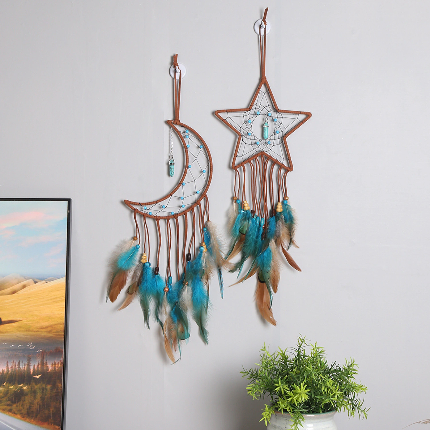 Dream Catcher Lanyard Design Hand Woven Easy to Hang Traditional Moon/Star Handmade Feather Dreamcatcher Home Decor