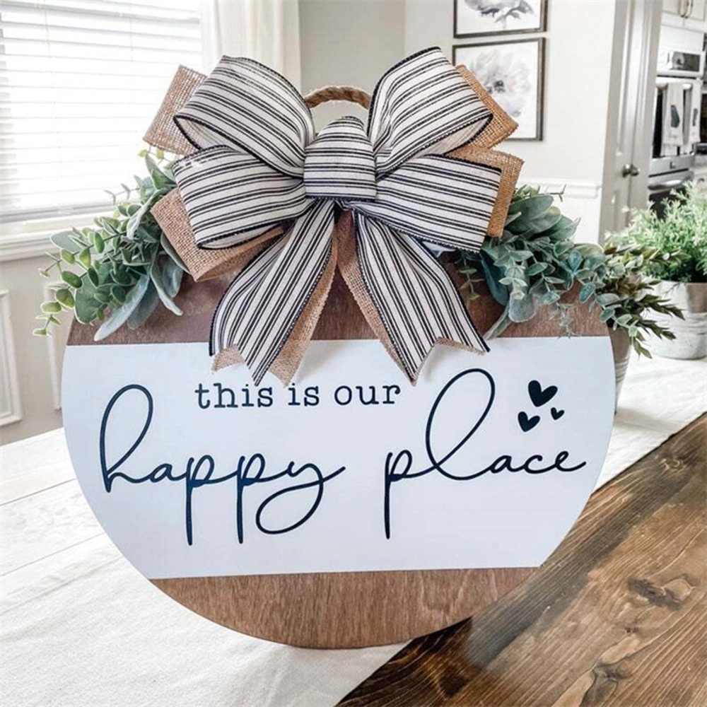 Hanging Sign Simulated Green Plants Design This Is Our Happy Place Front Door Tag with Bowknot Home Decor