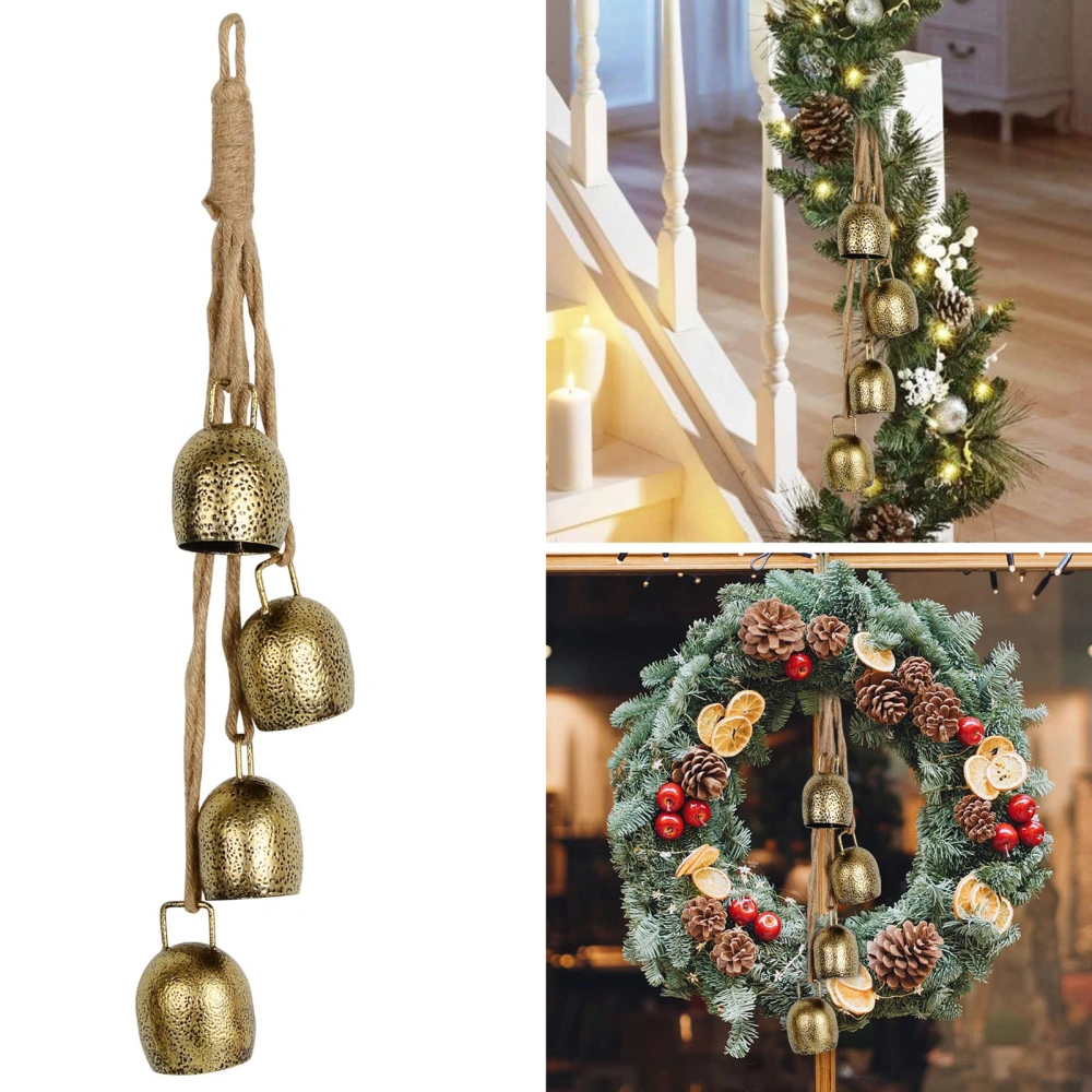 4Pcs Christmas Bells Hanging Home Decor with Rope Vintage Rustic Iron Bell Chimes for Indoor/Outdoor Use