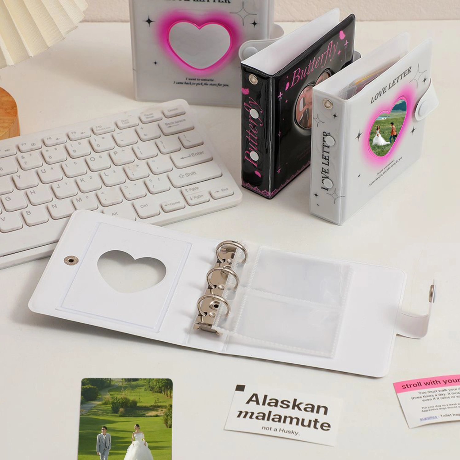 Mini Photo Album Easy to Carry Loose Leaf with Lovely Pendant Love Heart Hollow Enough Capacity Photocard Collection Portable Kpop Photo Card Holder School Supplies