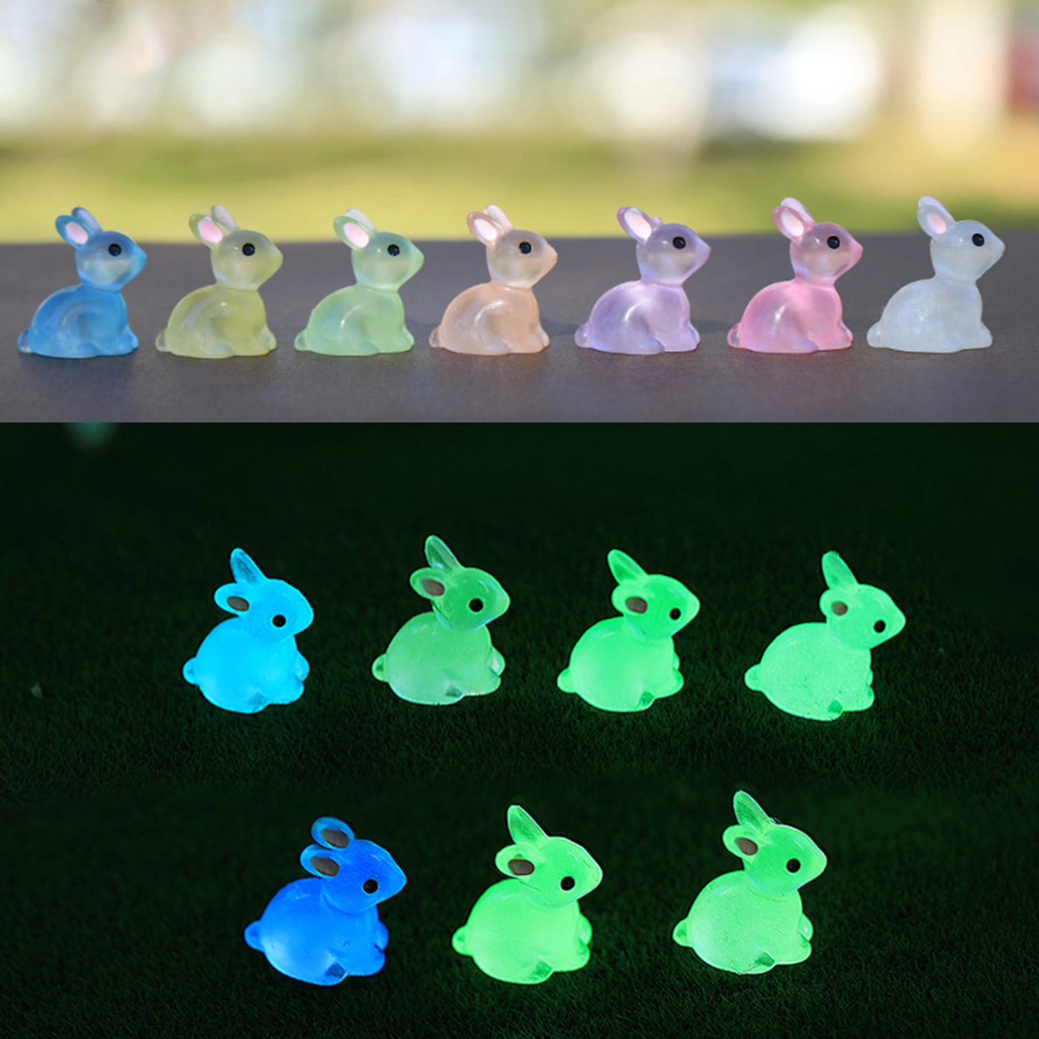 10Pcs Luminous Bunny Colorful Glowing in The Dark Miniature DIY Resin Craft Ornament Cute Resin Rabbit Statue Model Phone Case Decor Small Gift