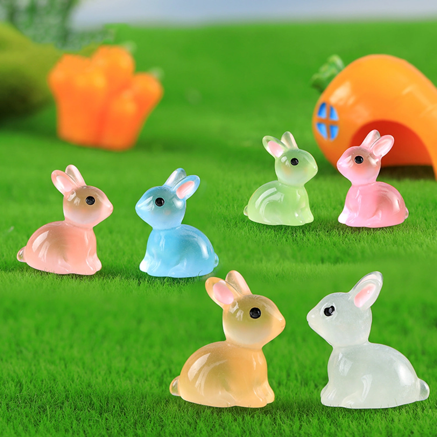 10Pcs Luminous Bunny Colorful Glowing in The Dark Miniature DIY Resin Craft Ornament Cute Resin Rabbit Statue Model Phone Case Decor Small Gift