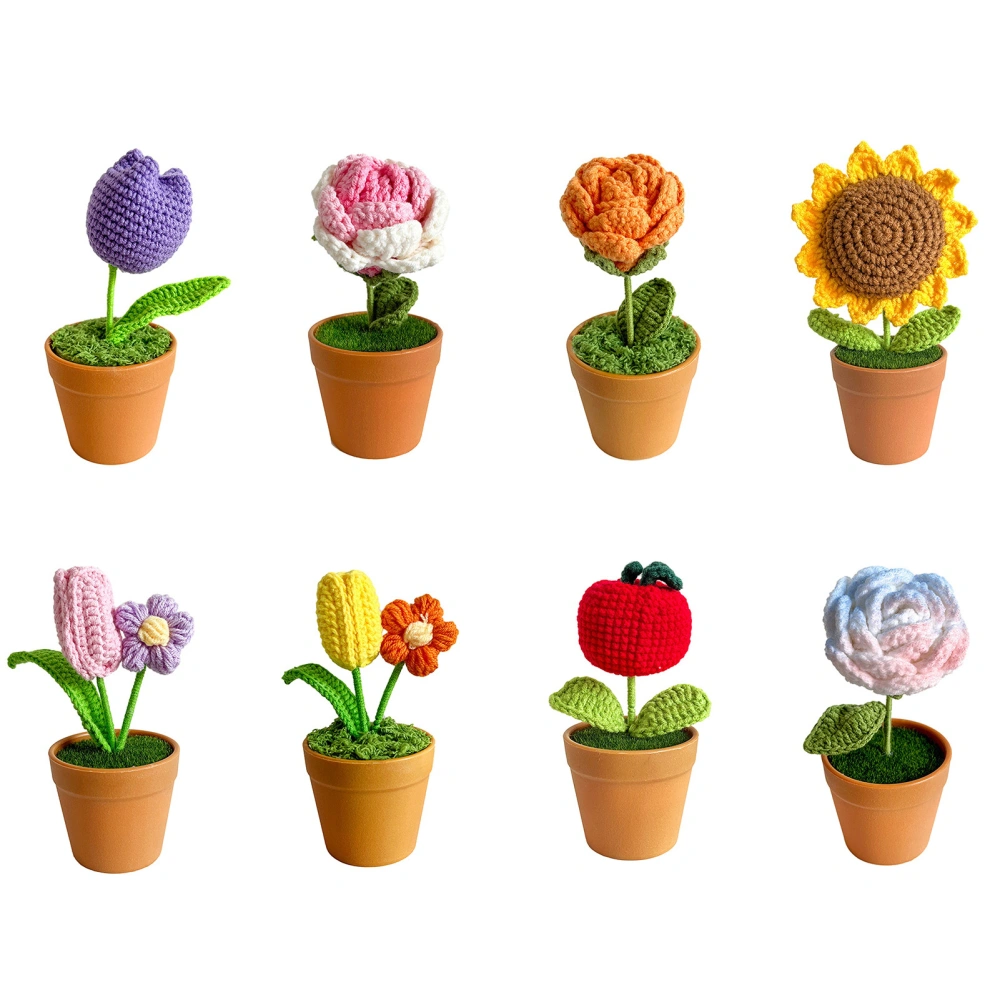 Crochet Pot Flower Tulip Rose Sunflower Fruit Shape Bright Color Soft Cute Craft Birthday Gift Colorfast Hand-knitted Flower Desk Decoration Home Supplies