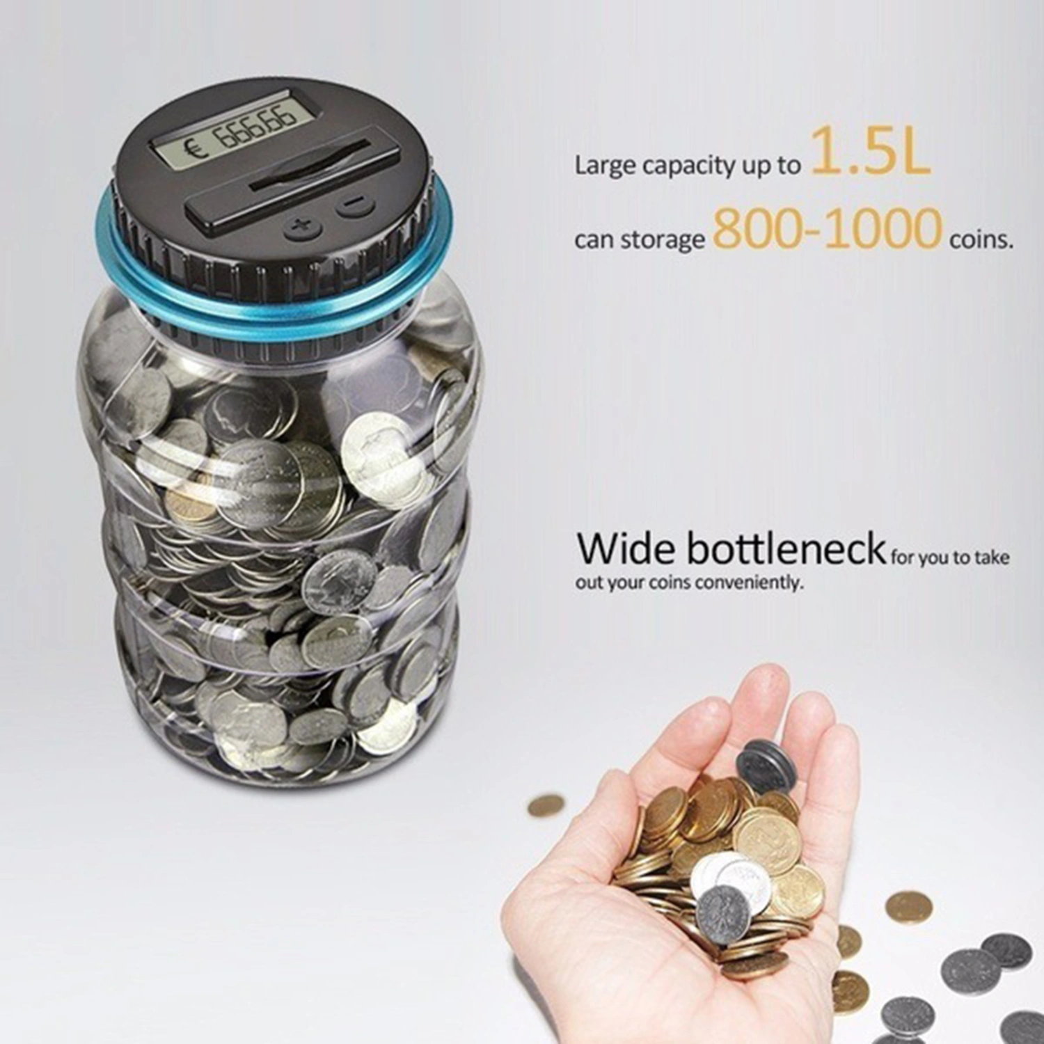1.5L Digital Piggy Bank Counting Box Large Capacity ABS Money Jar LED Display Coin Saving Pot for Home