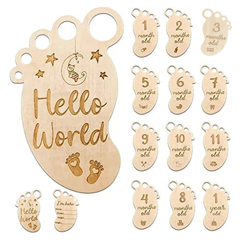 13Pcs Milestone Wood Chips 13 Months Old Birth Record Hello World Feet Shaped Wood Pieces Decoration Multi-use Newborn Baby Birth Sign Nursery Wall Decor Baby Shower Gift