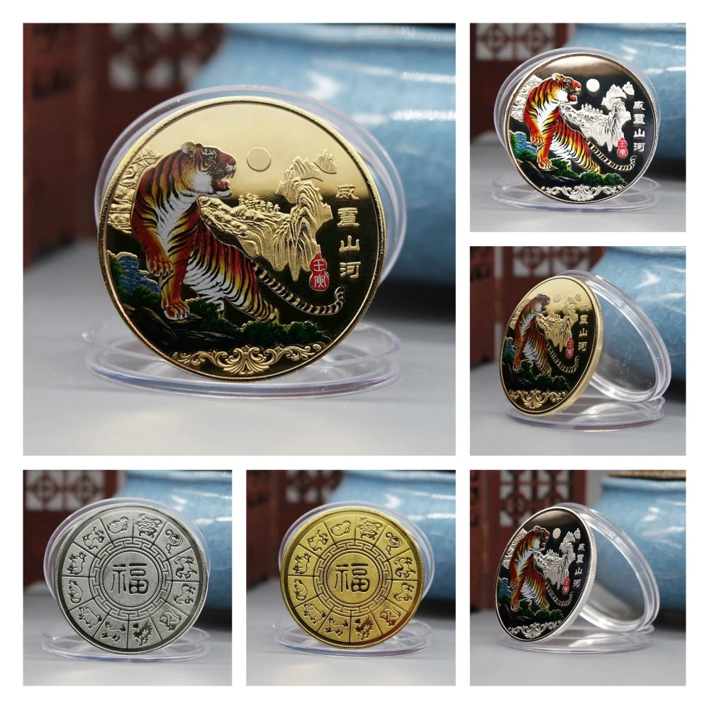 5Pcs Commemorative Coin Good Meaning Anti-Scratch Tiger Pattern 2022 Coin Round with Protective Organizer for Anniversary