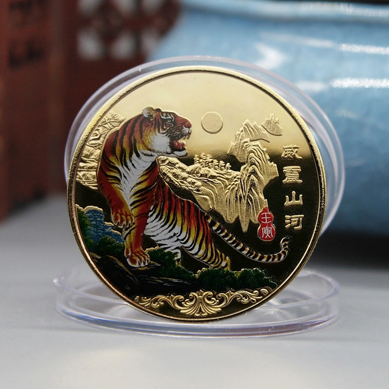 5Pcs Commemorative Coin Good Meaning Anti-Scratch Tiger Pattern 2022 Coin Round with Protective Organizer for Anniversary