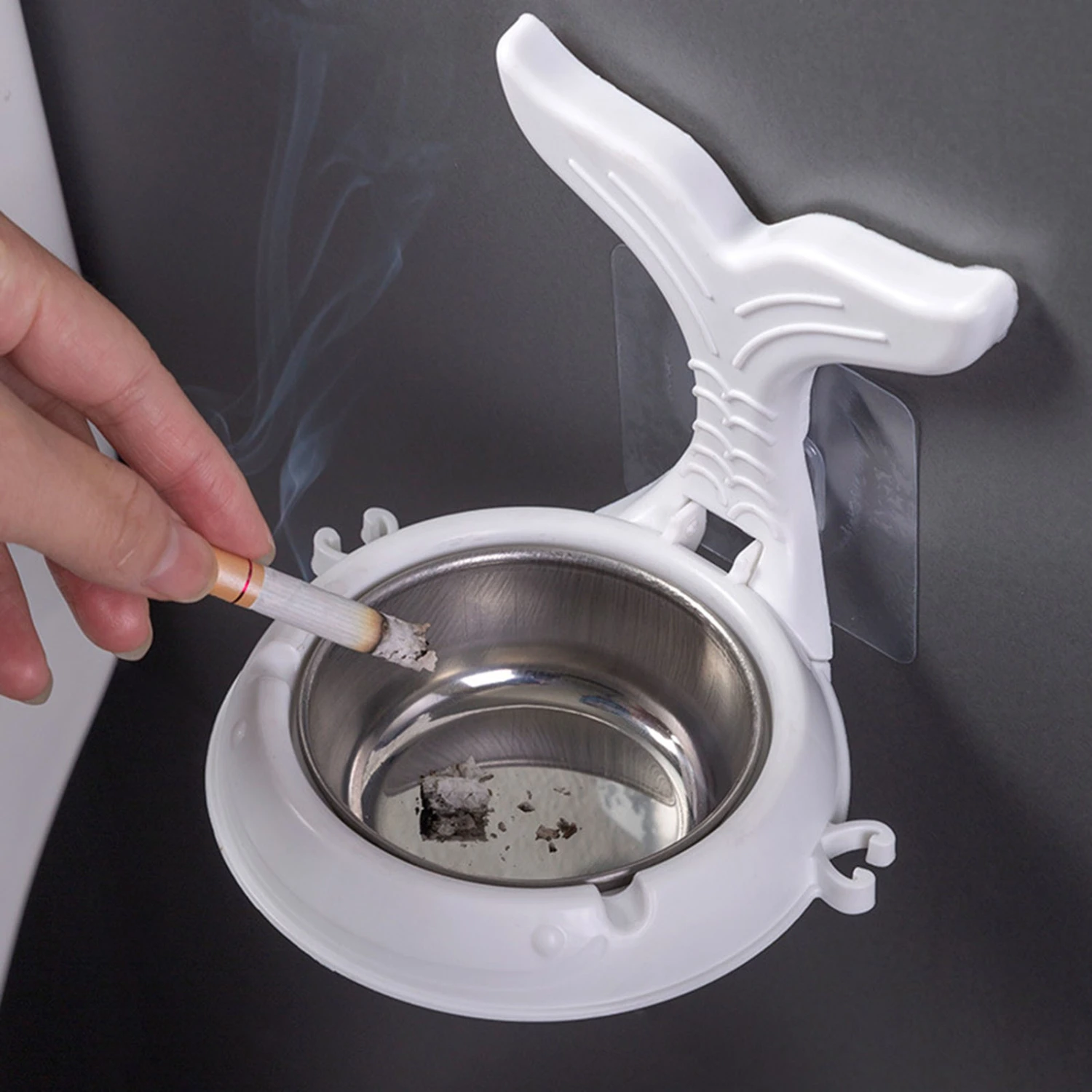 Wall Ashtray Wall-mounted Punch-free Removable Whale Tail Shape Waterproof Keep Clean Stainless Steel Detachable Bathroom Ashtray Household Stuff