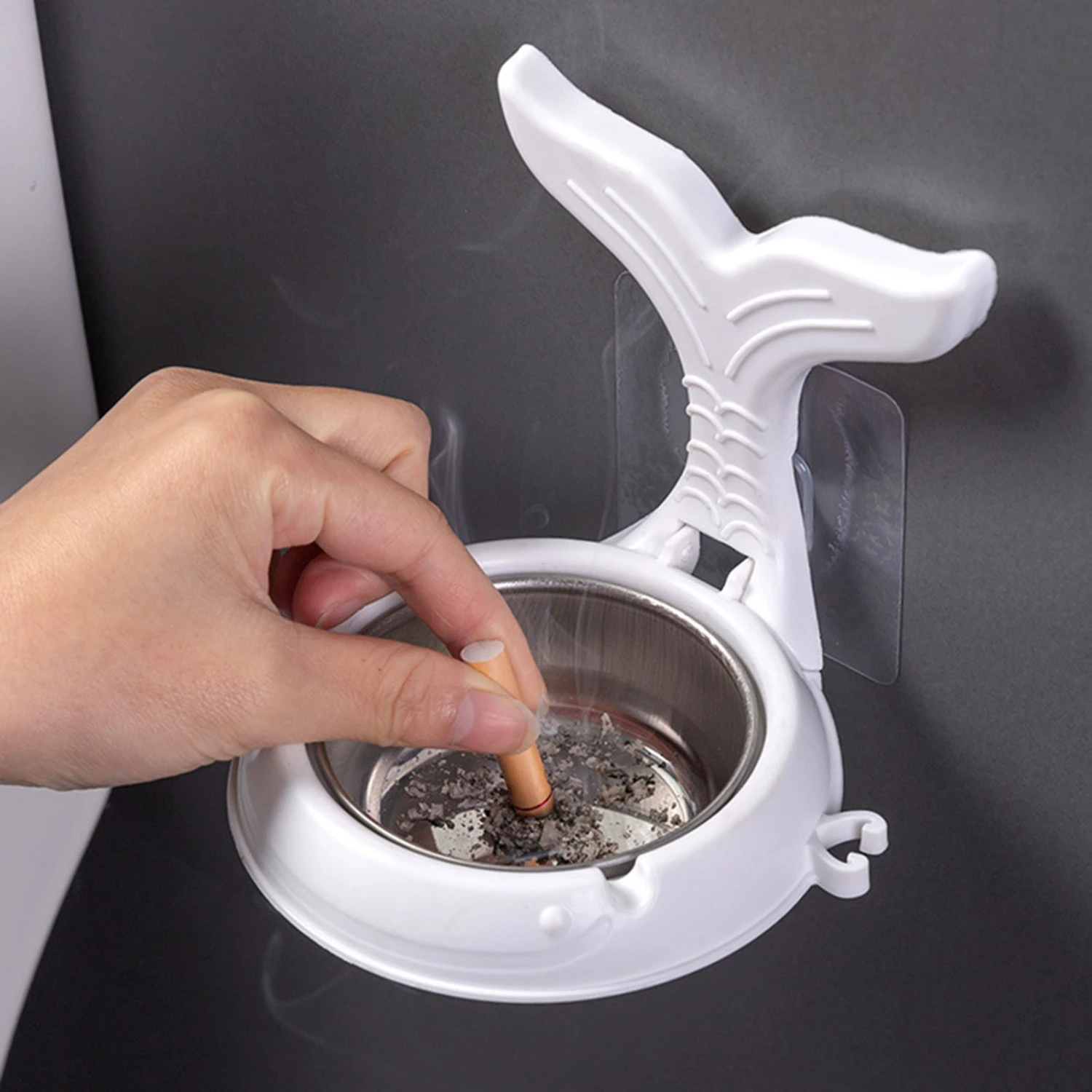 Wall Ashtray Wall-mounted Punch-free Removable Whale Tail Shape Waterproof Keep Clean Stainless Steel Detachable Bathroom Ashtray Household Stuff