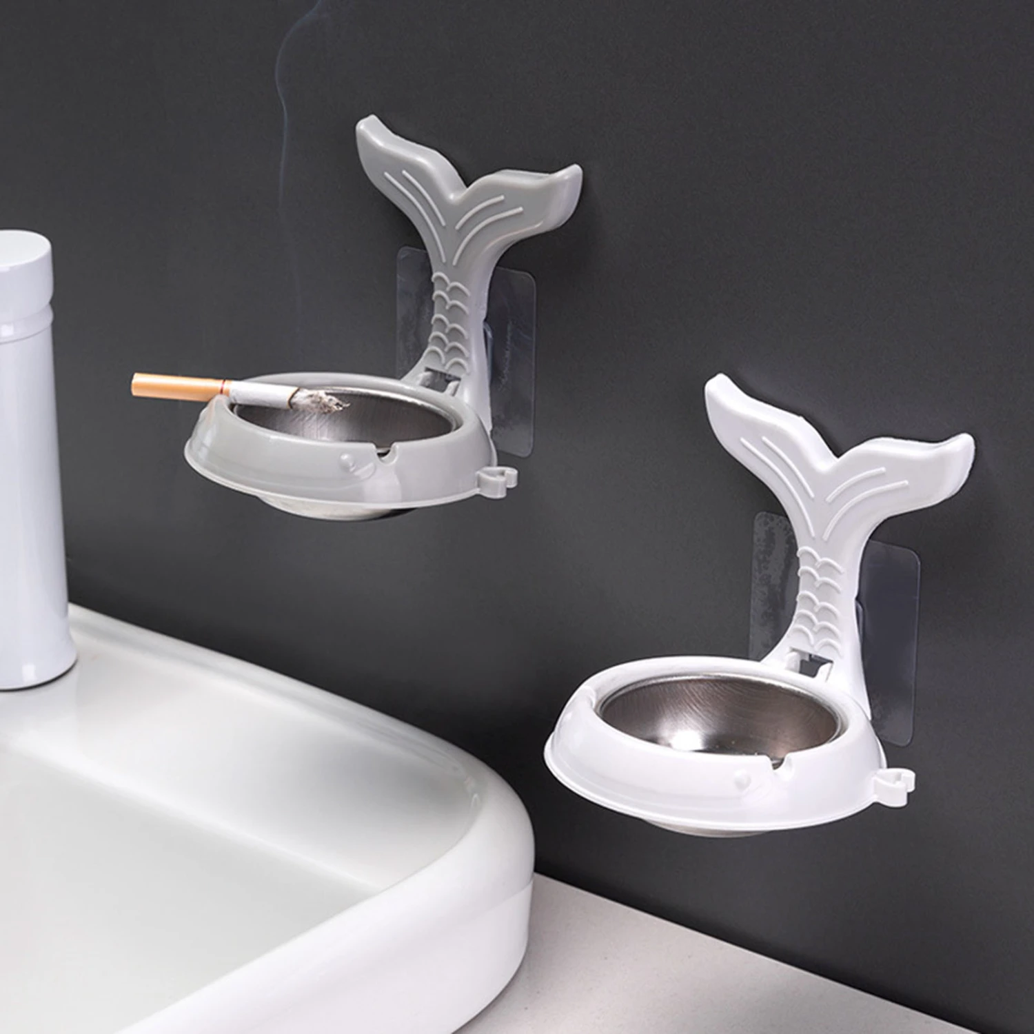Wall Ashtray Wall-mounted Punch-free Removable Whale Tail Shape Waterproof Keep Clean Stainless Steel Detachable Bathroom Ashtray Household Stuff