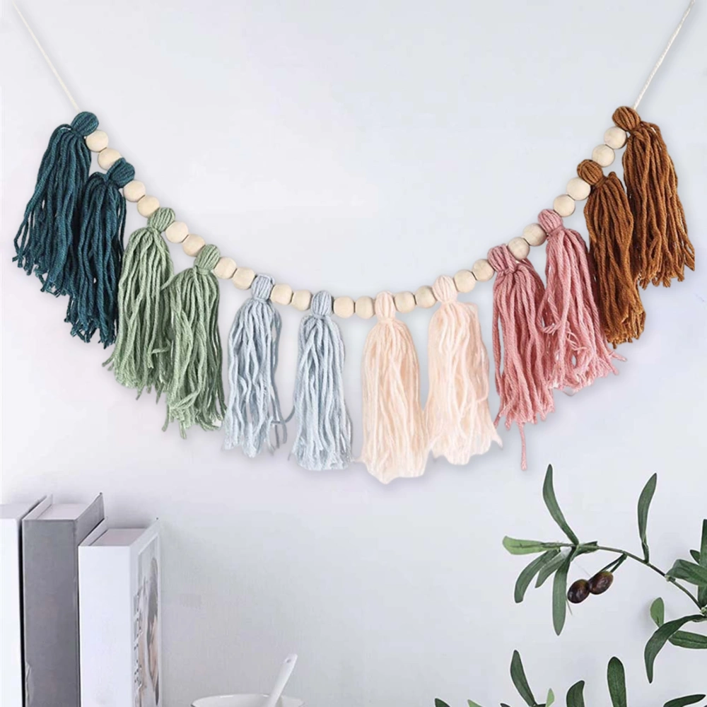 Wood Bead Garland with Rainbow Cotton Rope Tassel Handmade Boho Elegant Rustic Farmhouse Wall Hanging Wooden Bead Decoration Home Supplies