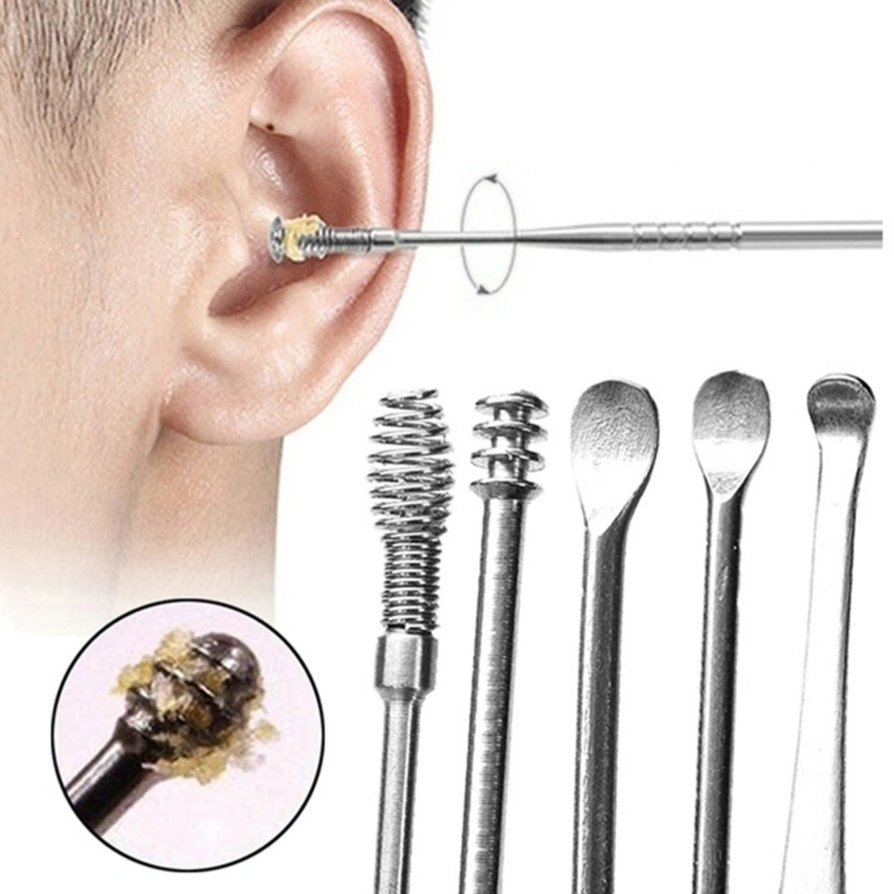 5Pcs Portable Home Stainless Steel Spiral Ear Picks Spoons Wax Removal Tools with Box