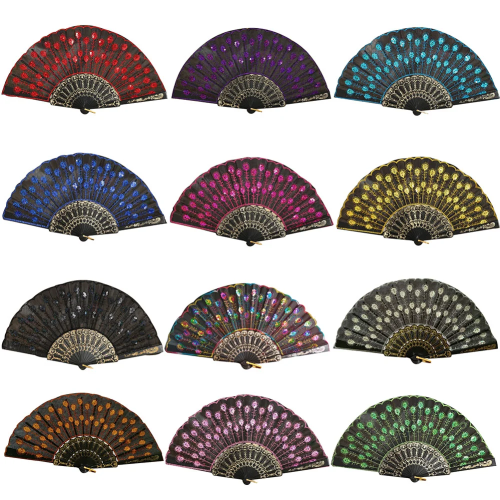 Peacock Tail Sequin Pattern Handheld Folding Fan Crafts Wedding Party Home Decor