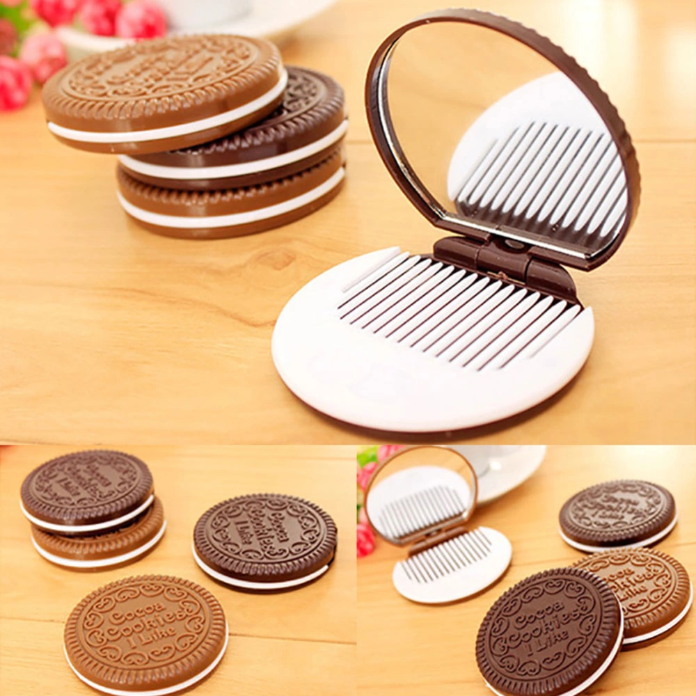 Cute Chocolate Sandwich Biscuit Shaped Portable Folding Round Makeup Mirror