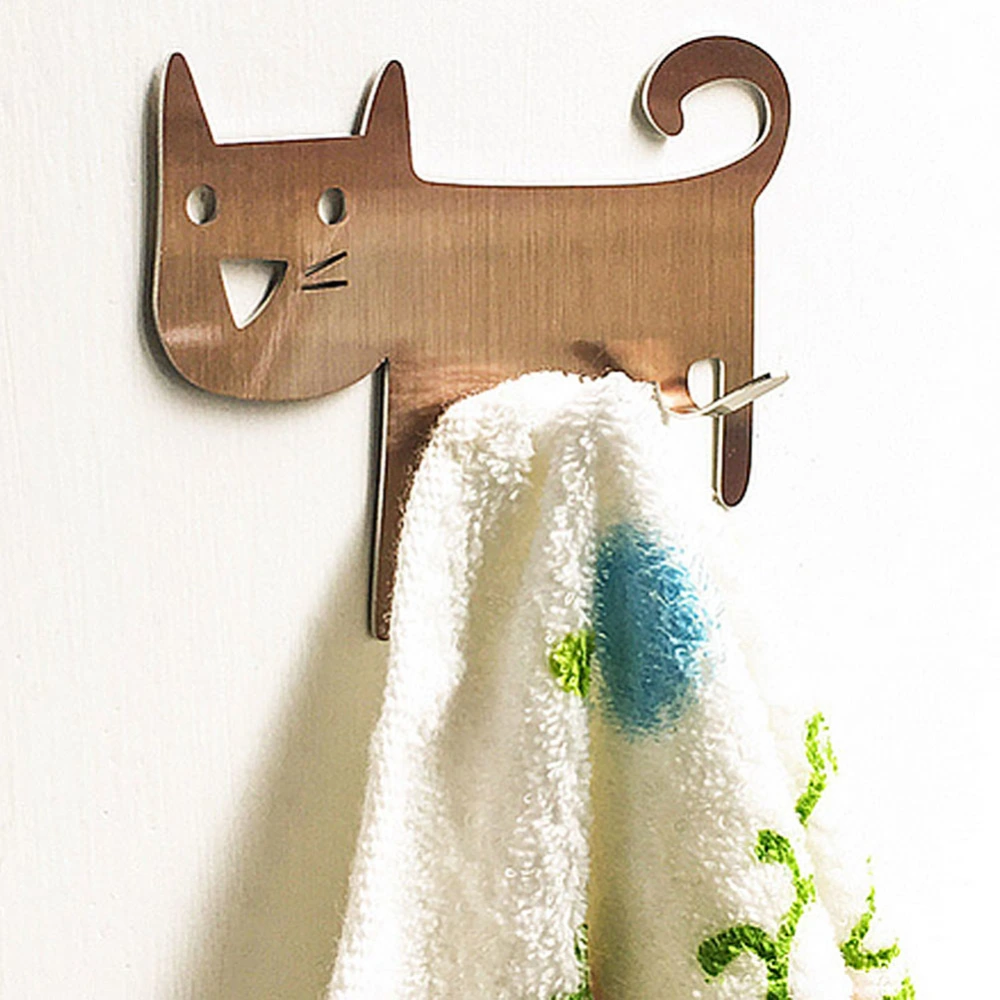 Kitchen Bathroom Stainless Steel Cat-Shaped Back Adhesive Wall Hook Keys Hanger