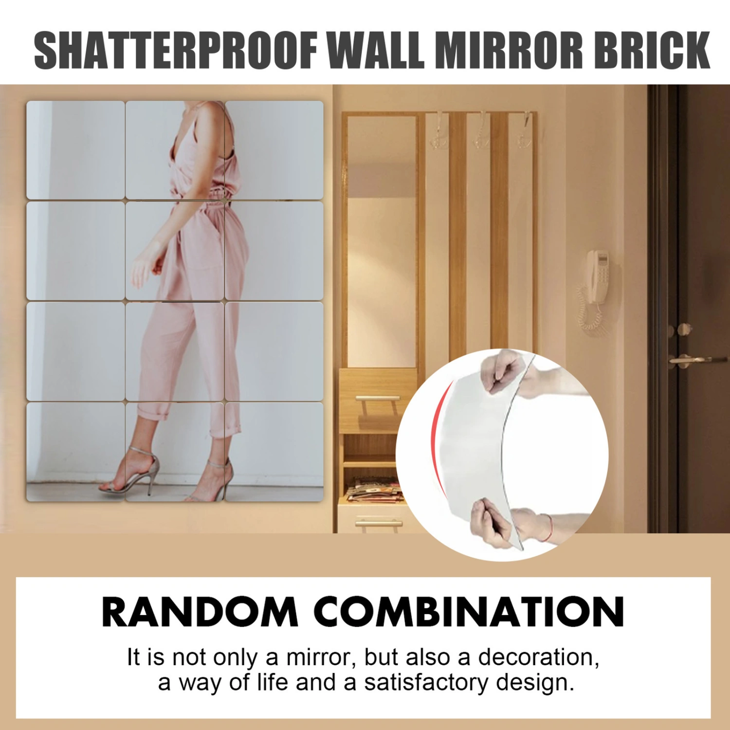 12Pcs Wall Mirror Tiles Square Sticky Shatterproof Self-adhesive Removable Dressing Glass Wall Mounted Full Length Mirror for Daily Use