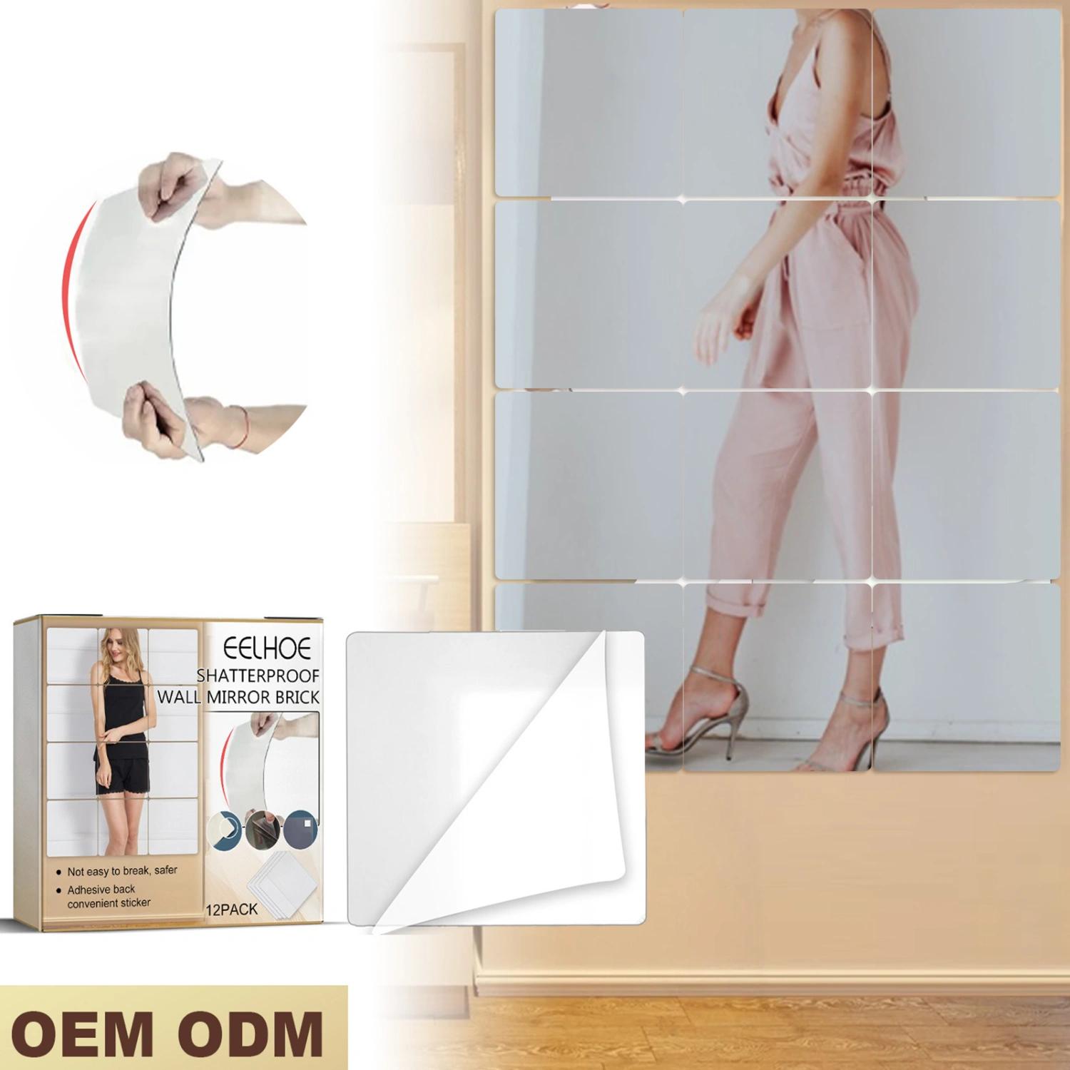 12Pcs Wall Mirror Tiles Square Sticky Shatterproof Self-adhesive Removable Dressing Glass Wall Mounted Full Length Mirror for Daily Use