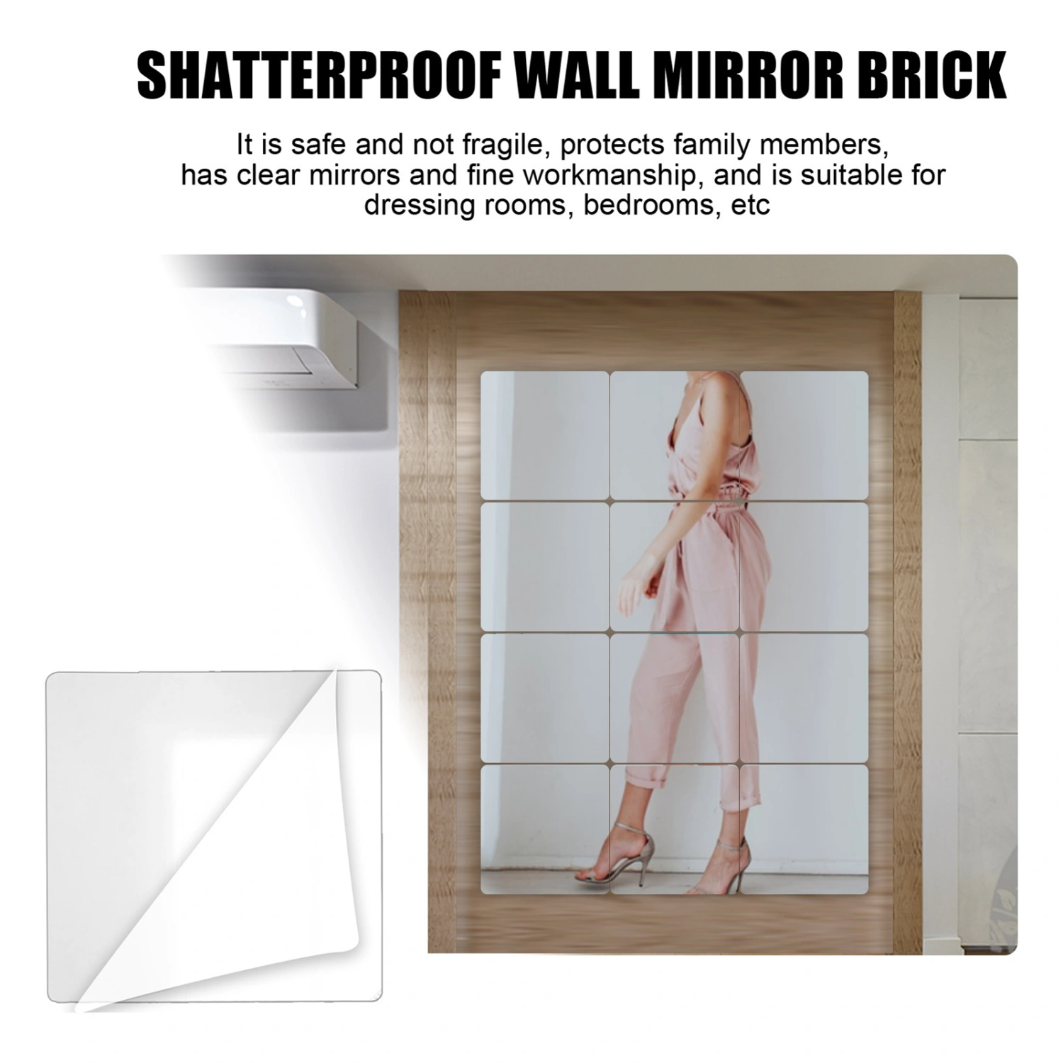 12Pcs Wall Mirror Tiles Square Sticky Shatterproof Self-adhesive Removable Dressing Glass Wall Mounted Full Length Mirror for Daily Use