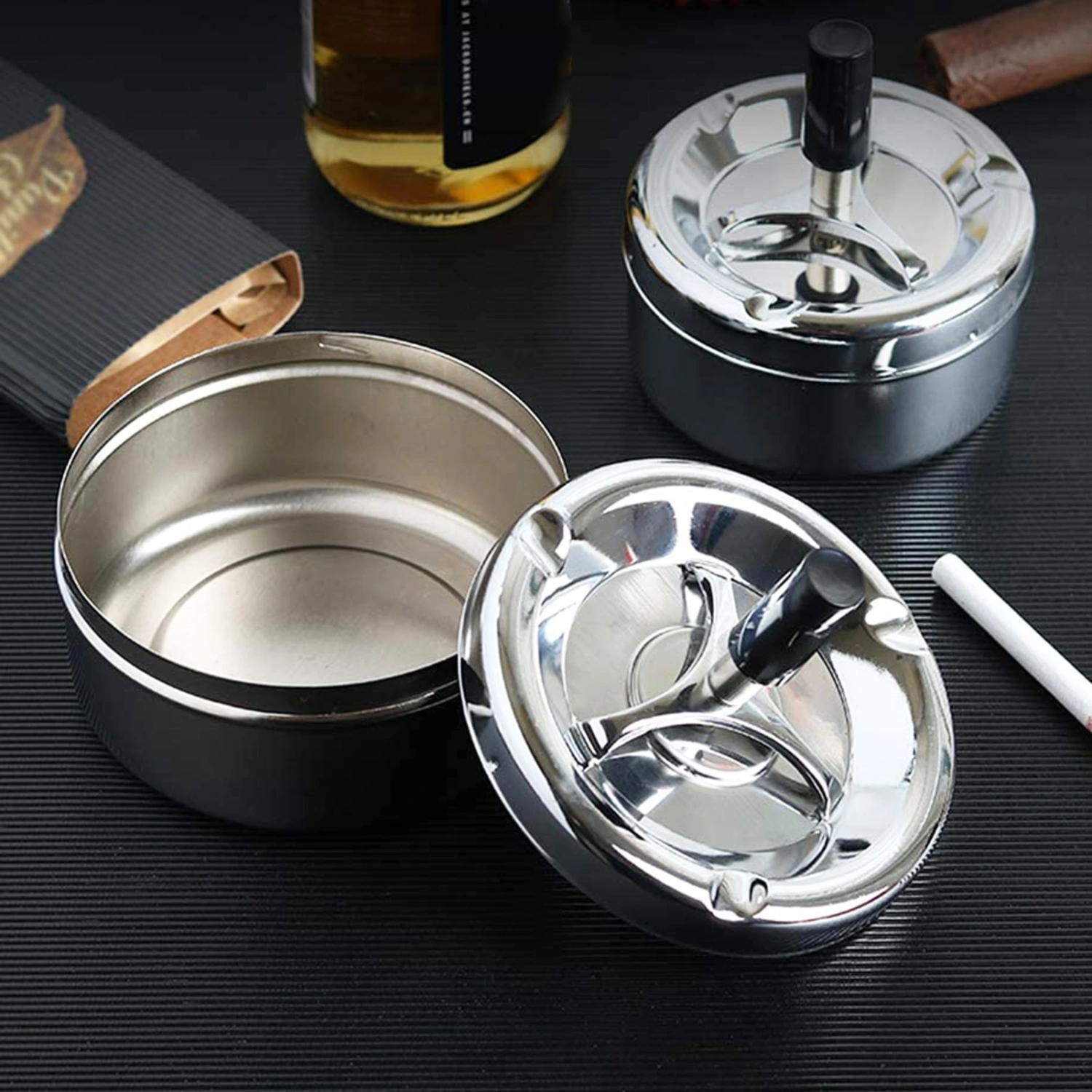 Cigarette Ashtray with Spinning Tray Anti-deformed Metal Clear Texture Ash Storage Tray for Living Room