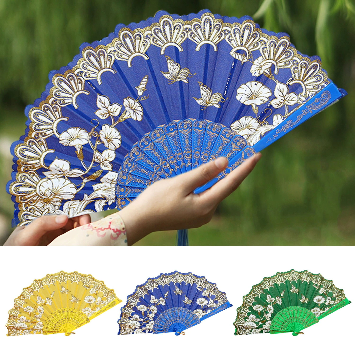 Handheld Fan Vintage Style Bright Color Exquisite Pattern Fine Workmanship Ultralight Cloth Retro Chinese Style Folding Fan Photography Prop Office Supplies