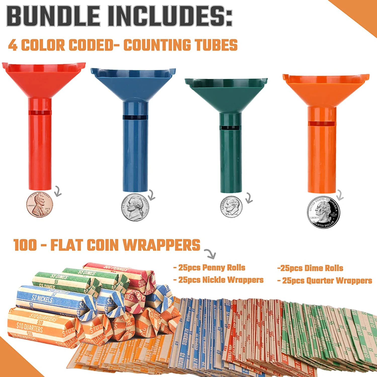 Coin Sorters Tubes Bundle Funnel Shape 4 Color-Coded Tubes with 100 Assorted Flat Wrappers Easy Counting Business Office Supplies