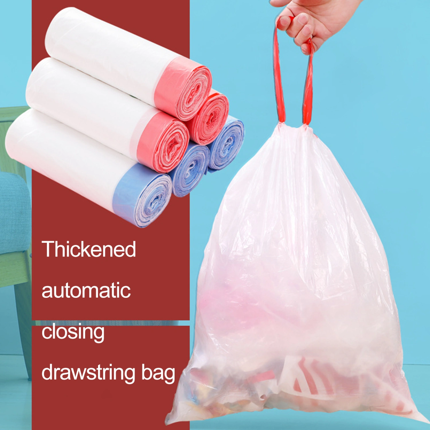 20Pcs/Roll Garbage Bag Leak-proof Strong Load-bearing Drawstring Tie Design Disposable Portable Automatic Closing Waste Bag Office Supply