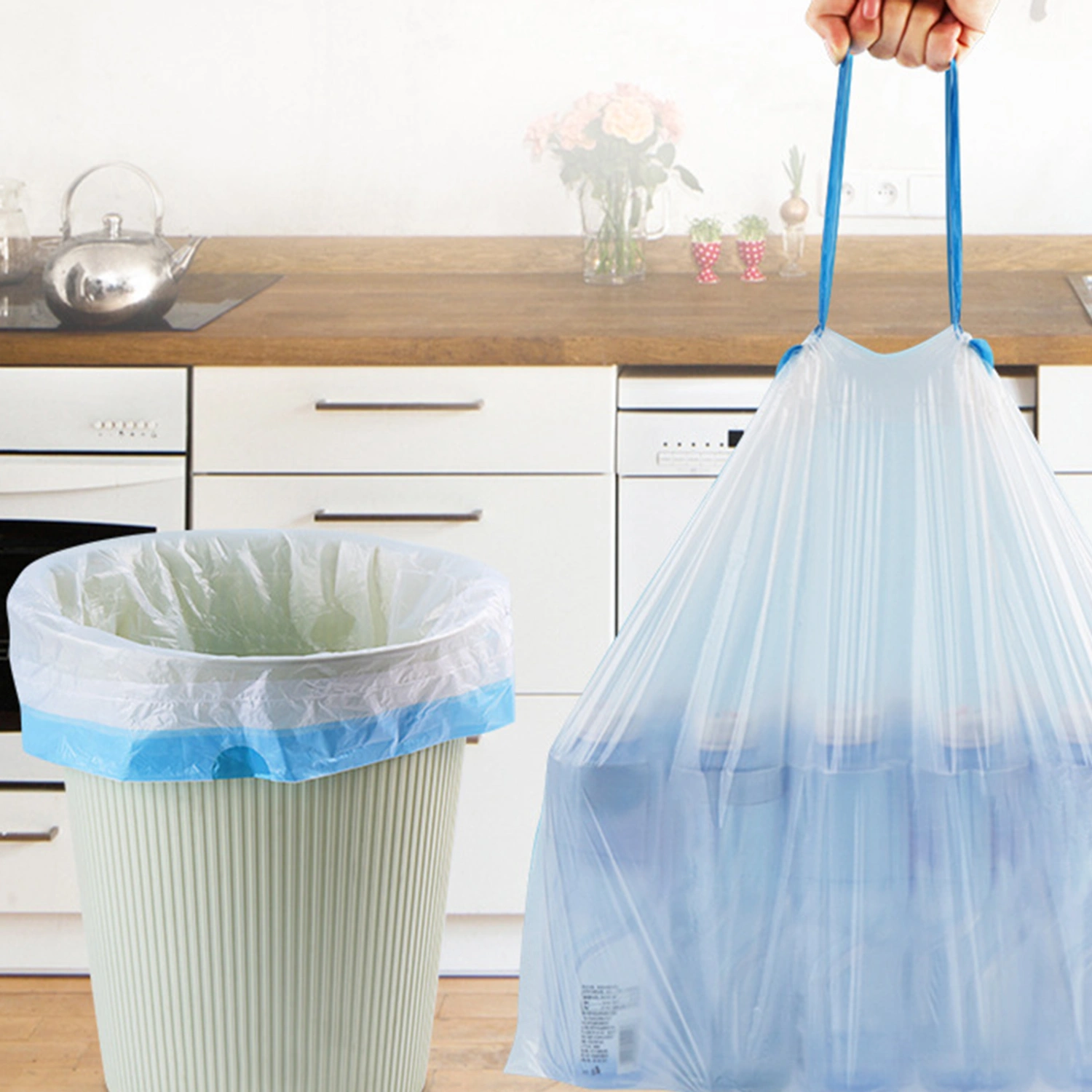 20Pcs/Roll Garbage Bag Leak-proof Strong Load-bearing Drawstring Tie Design Disposable Portable Automatic Closing Waste Bag Office Supply