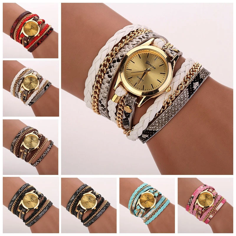 Women's Casual Vintage Multilayer Wristwatch Weave Wrap Rivet Leather Bracelet Wrist Watch