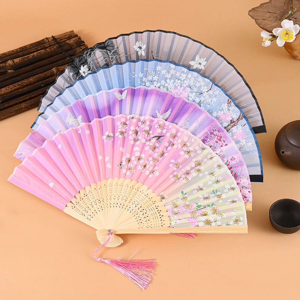 Folding Fan Chinese Style Flower Pattern Hollow Wooden Ribs Faux Silk Tassel Gift Women Portable Summer Hand Held Fan Home Supplies