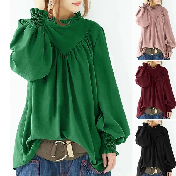 Women Fashion Casual Solid Puff Sleeve Autumn Tops Holiday Ruffle Smocking Shirt Blouse Retro Baggy