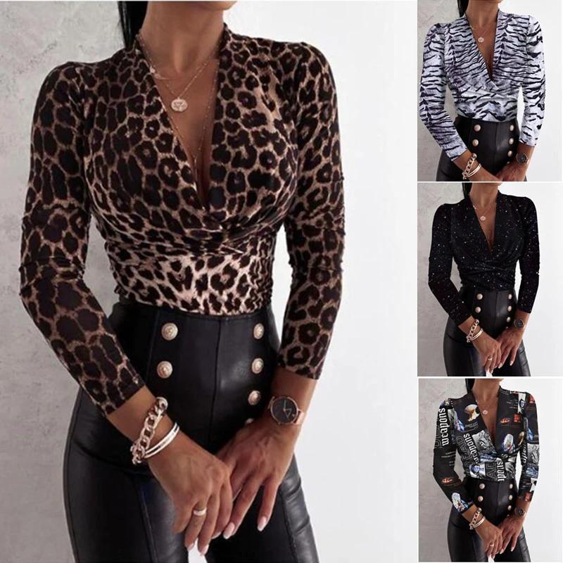 Elegant Vintage Deep V-Neck Leopard Print Slim Blouse Collect Waist Long Sleeve Print Women T-Shirt