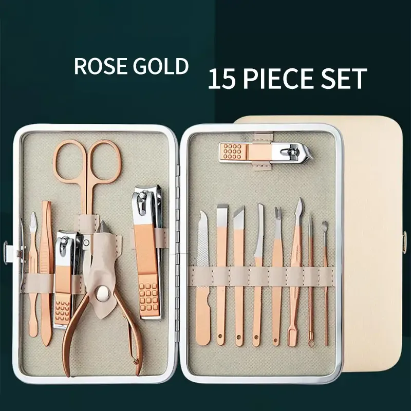 Rose Golden Stainless Steel Nail Clipper Set Grooming Tool Set With Case Manicure Art Tool