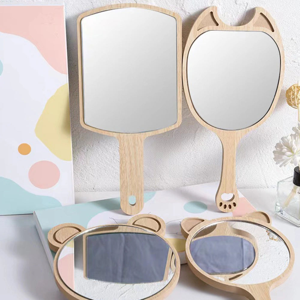 Makeup Mirror Creative Shape Wooden Handle Compact Size Lightweight Comfortable Grip Widely Used Smooth Edge Cartoon Small Handheld Mirror with Ear for Women