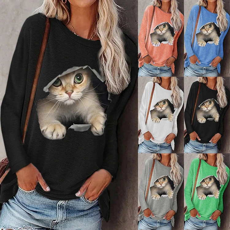 Women's Fashion Lightweight Long Sleeve Shirts Casual Cute Cat Printed T Shirts Jumper Blouse Comfy Crew Neck Pullover Tops