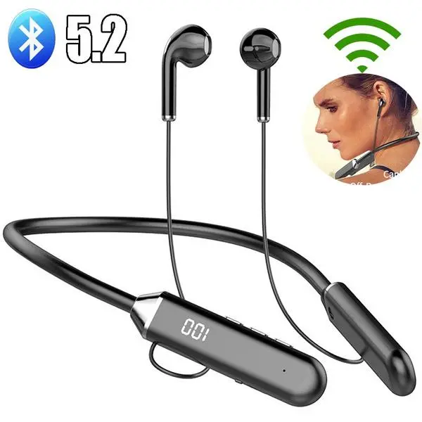 Bluetooth 5.2 Neck-Mounted Headset Silicone Collar Magnetic Absorption 9D WIFI CVC.80 Half-In-Ear Digital Display Headset