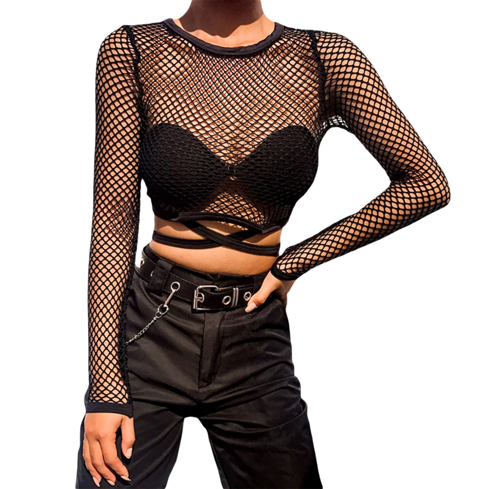 Women Mesh Crop Top, Long Sleeve Crew Neck Fish Net Sheer T-shirt Tops for Party Club