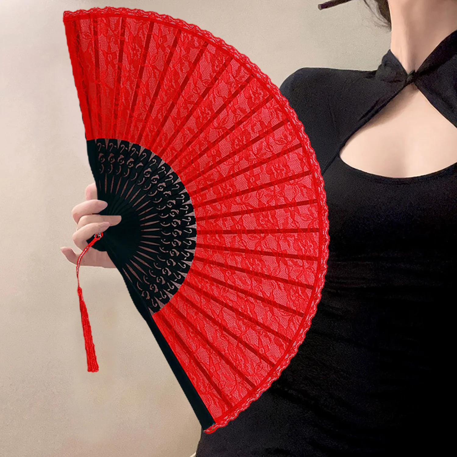 Lace Handheld Fan Chinese Folding with Tassel Portable Bamboo Silk Fan for Weddings Parties Summer Supplies