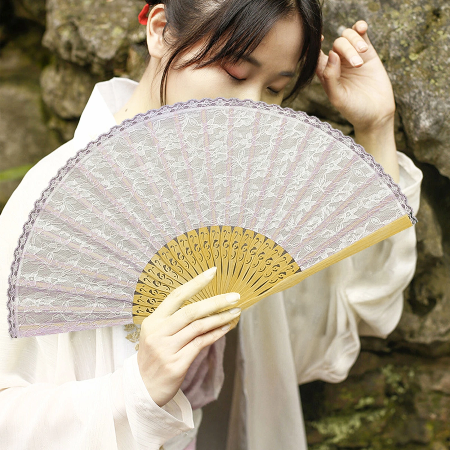 Lace Handheld Fan Chinese Folding with Tassel Portable Bamboo Silk Fan for Weddings Parties Summer Supplies