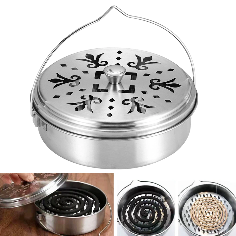 Incense Coil Box with Hollow Lid Portable Handle Windproof Detachable Heavy Duty Stainless Steel Incense Coil Burner Storage Holder Home Supplies