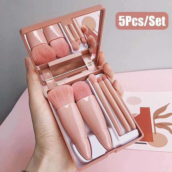 5pcs Makeup Brushes Set with Mirror Box Blush Lip Eye Shadow Brush Professional Cosmetic Brushes Kit Portable Travel Mini Beauty Tool